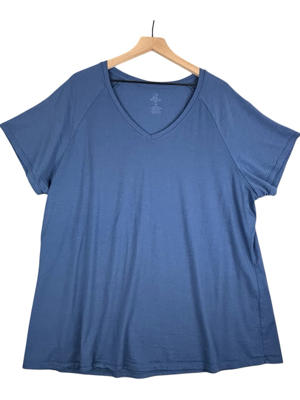 WOOLX Mia Shirt Womens 2X Blue Merino Wool V-Neck Short Sleeve